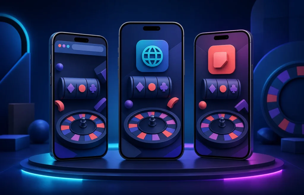Comparação ilustrativa entre navegador, PWA e app de cassino